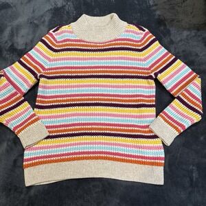 Talbots Happy Stripe Mock Neck Retro Sweater Womens M Petite MP Heavy Knit